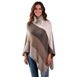 Womens Beige Brown Stripe Knit Poncho Cowl Neck Casual Layering Fashion One Size